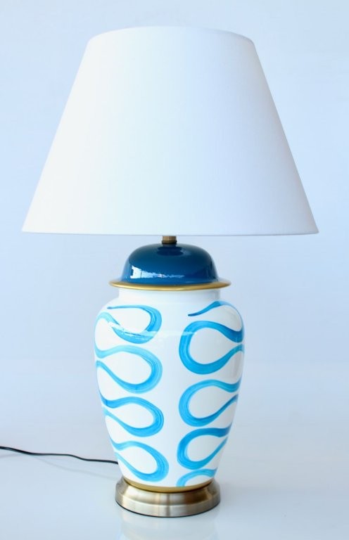 BLUE SQUIGGLE LAMP BASE WHITE SHADE  71X45CM